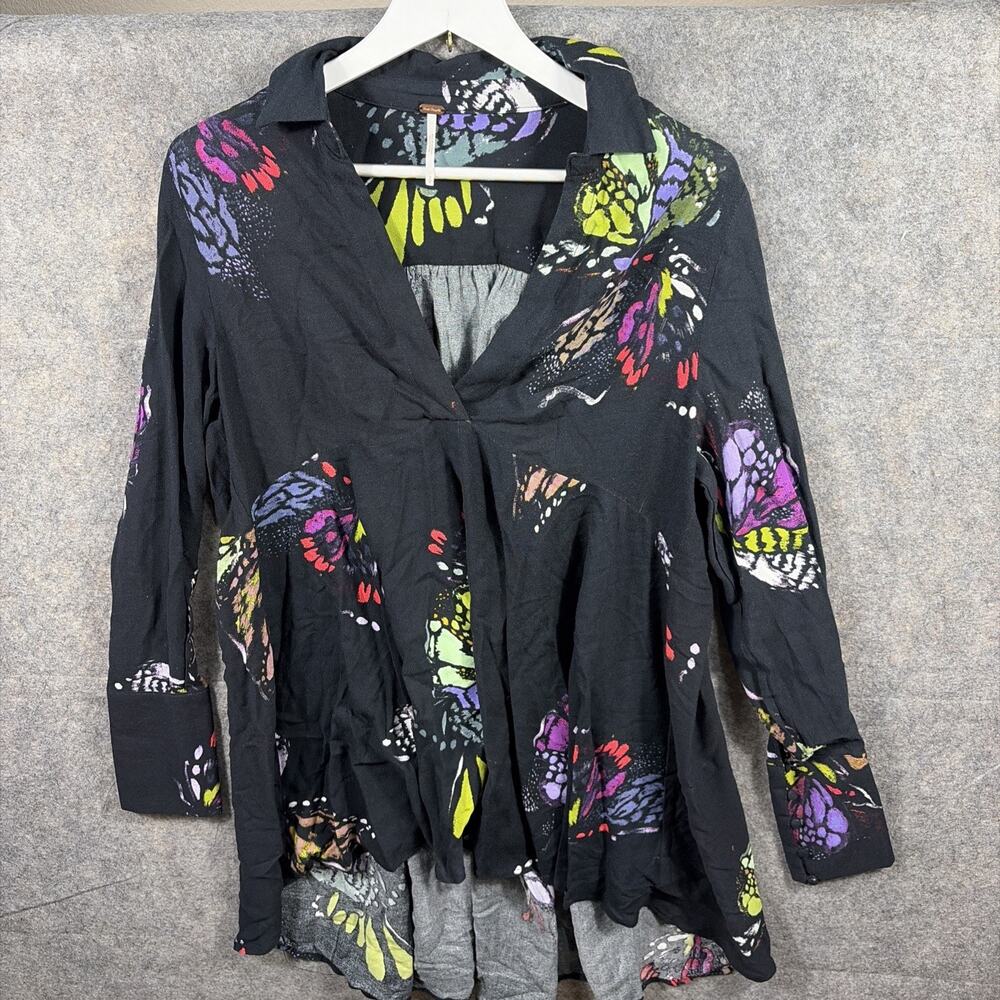 Free People Field of Butterflies Tunic Top Boho Long Sleeve Black Size Small